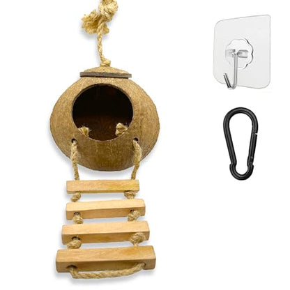 Hermit Crab, Hamster Coconut Cave Hide with Ladder, Reptile & Snake Natural Coco Shell Hut Hideout, Gerbils Mice Small Animals House Pet Cage Habitat Decor, with Sticky Wall Hook - style: Small