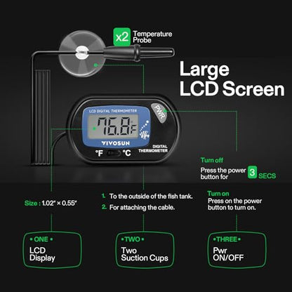 VIVOSUN 2-Pack LCD Digital Aquarium Thermometer Fish Tank Water Terrarium Temperature with Suction Cup for Turtle - size: 2 packs