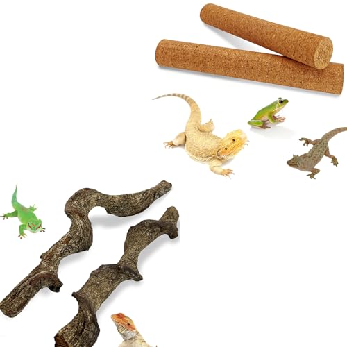 Reptile Climbing Branch with Cork Branch for Reptiles Climbing Branches 2 Pack Natural Tree Frog Cork Wood Stick Crested Geckos Habitat Decor