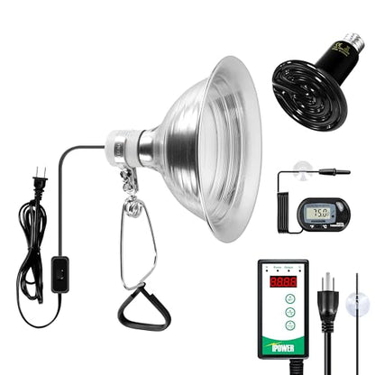 Simple Deluxe 150W Reptile Heat Bulb and 8.5 inch Clamp Light, 40-108℉ Digital Thermostat Controller and Thermometer Included, for Amphibian Pet & Incubating Chicken, Silver - size: 150W, style: Bulb+Clamp Light+Thermostat+Thermometer