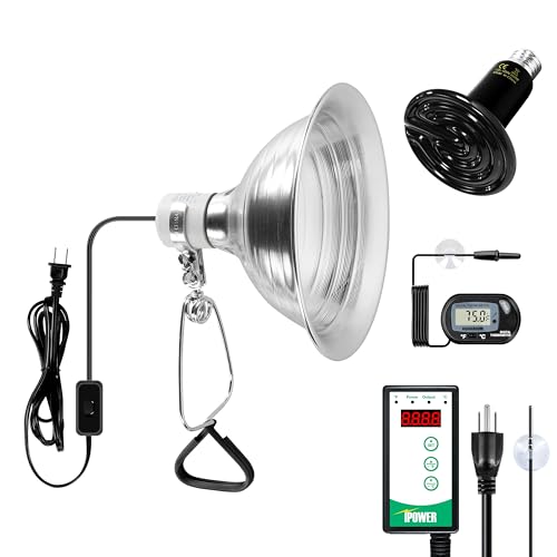 Simple Deluxe 150W Reptile Heat Bulb and 8.5 inch Clamp Light, 40-108℉ Digital Thermostat Controller and Thermometer Included, for Amphibian Pet & Incubating Chicken, Silver - size: 150W, style: Bulb+Clamp Light+Thermostat+Thermometer