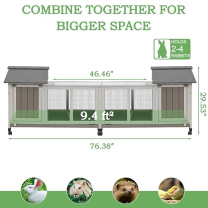 Gowoodhut 76.38"L Rabbit Hutch Indoor and Outdoor with 8 Wheels,Wooden Rabbit Cage with Pull Out Leak-Proof Tray for 2-4 Rabbits,Bunny Hutch with Asphalt Roof Suitable for Garden,Park,Living Room,Grey - size: PET30-DOUBLE