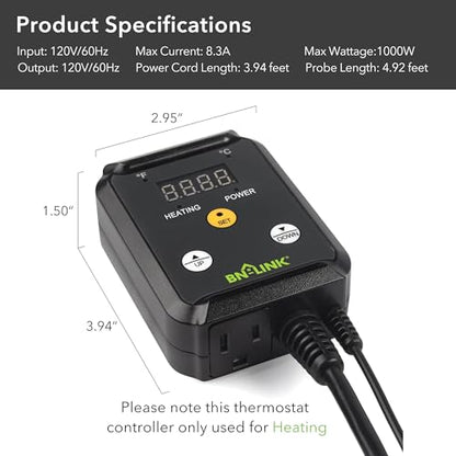 BN-LINK Reptile Thermostat Controller and 2 Pack Heat Mat for Seed Germination, Reptiles and Brewing Breeding Incubation Greenhouse