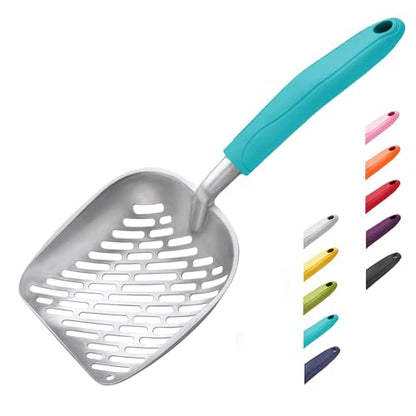 WePet Cat Litter Scoop, Aluminum Alloy Sifter, Kitty Metal Scooper, Deep Shovel with Diagonal Sifting Hole, Long Handle, Kitten Poop Lifter for Litter Box, Medium Size, Turkish Blue Handle - color: #02 Turkish Blue, size: Medium