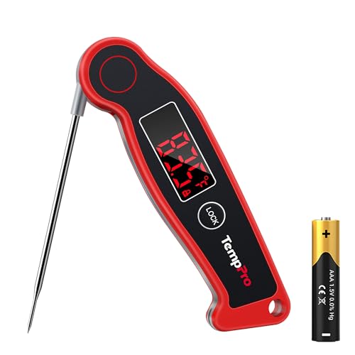 TempPro TP19 Waterproof Digital Meat Thermometer for Grilling with Ambidextrous Backlit & Thermocouple Instant Read Kitchen Cooking Food Thermometer for Candy Oil BBQ Smoker (Previously ThermoPro) - color: Bright Red