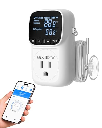 DEWENWILS Smart Temperature Controller, 15A 1800W WiFi Temperature Controller Outlet with Schedule Timer & Memory Function, VA Display & -4℉-240℉ Smart Thermostat for Reptile, Greenhouse, Incubator - color: Smart White, size: 1 Pack