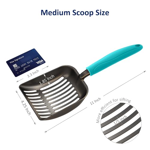 WePet Cat Litter Scoop, Non-Stick Plated Aluminum Alloy Sifter, Kitty Durable Metal Scooper, Deep Shovel, Long Handle, Kitten Pooper Lifter, Size Medium, Coated Black Body with Turkish Blue Handle - color: #02 Turkish Blue, size: Medium