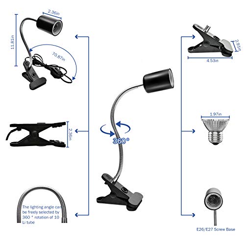 Reptile Heat Lamp with Flexible Gooseneck Stands, 2 Lamps, 360° Rotatable Clips, UVA + UVB Spectrum for Terrariums (2, Black)