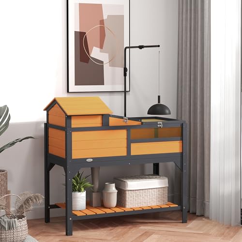 PawHut Tortoise Habitat with Adjustable Lamp Holder, 2 Layer Tortoise Enclosure with Storage Shelf, Removable Main House, Fixed Tray, Openable Lid, Yellow - color: Yellow
