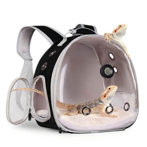 Bearded Dragon Travel Backpack Carrier with Reptile Thermometer and Humidity Gauge Lizard Travel Cage Space Capsule Clear Bubble Window Astronaut Reptile Bag for Ball Python (Black, Backpack) - color: Black, size: Backpack