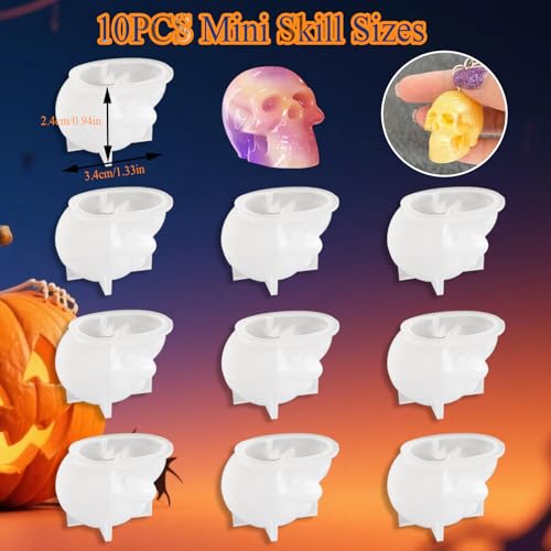 13PCS Halloween 3D Skull Resin Molds Set, 3PCS Large Medium Small Epoxy Molds for Resin, Candle Making, 10PCS Mini Skull-Heads Molds for DIY Pendant Keychain Bracelet Earrings
