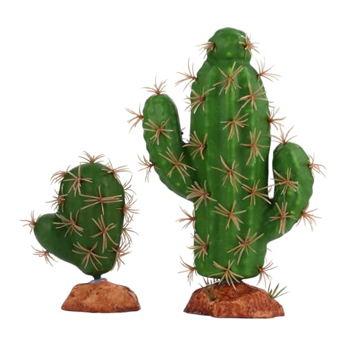 Happyyami Artificial Cactus Terrarium Reptile Tank Plant Decoration Set, 2 Pcs Faux Succulent Ornament for Pet Habitat Landscape, Sturdy Plastic Fake Plants for Reptile Box Decor