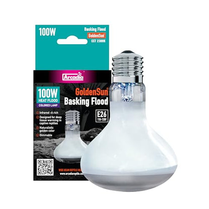 Arcadia Golden Sun Basking Flood Lamp 100W – Wide Beam Infrared Reptile Heat Lamp Bulb for Bearded Dragons, Tortoises, Iguanas and Turtle Tanks, Long Lasting Easy to Use Indoor Heat Bulb for Reptiles