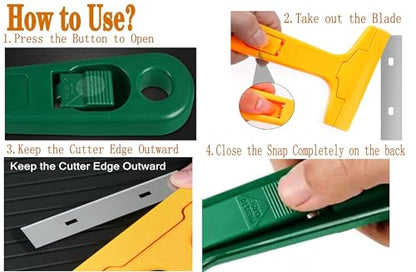 2pack Razor Blade Scraper, Industry Glass Window Scraper, Heavy Duty Cleaning Scraping Hand Tool with 20pcs Blades for Putty Residue Stains Paints Glue Mud Wallpaper Removing Remover Cleaner (Yellow) - color: Yellow