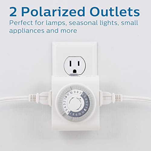 Philips 24-Hour Indoor Mechanical Outlet Timer, 2 Polarized Timer Outlets, 30-Minute Intervals Light Timеr, ON/OFF Daily Cycle Plug Timer, Lamp Timer Push Pins, Override Switch, White, SPC1237AT/27
