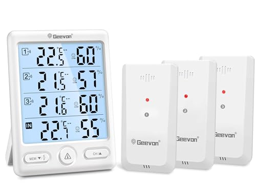 Geevon Indoor Outdoor Thermometer Wireless, 5-Inch Display Digital Hygrometer Thermometer Temperature Humidity Monitor with 3 Remote Sensors and Backlight, Battery-Powered - color: White