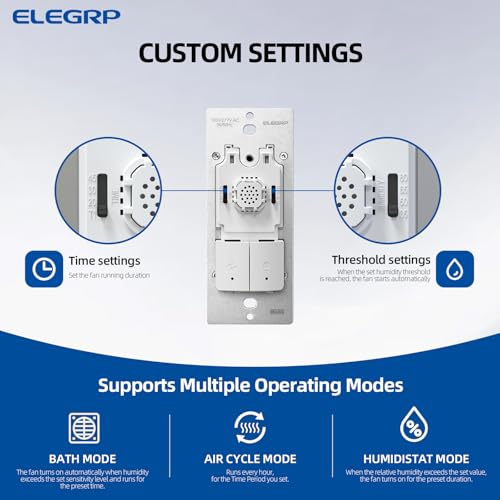 ELEGRP Dual Combination Humidity Sensor Switch with Light Control, Exhaust Fan Automate Ventilation, Moisture Control, Air Circulation for Bathroom, Ground Wire Required, Single Pole, White, 1 Pack - style: Fan & Light Control