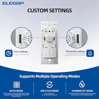 ELEGRP Dual Combination Humidity Sensor Switch with Light Control, Exhaust Fan Automate Ventilation, Moisture Control, Air Circulation for Bathroom, Ground Wire Required, Single Pole, White, 1 Pack - style: Fan & Light Control