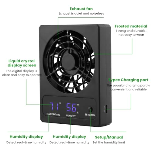 Reptile Ventilation Fan, Auto Temperature/Thermometer Control LED Digital Humidity Gauge, °C/°F Switchable Dehumidifier for Reptile Tank, Rainforest, Ecological Pet Rearing Box (Automatic Humidity)