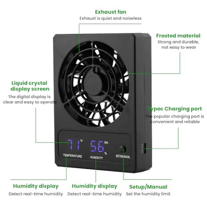 Reptile Ventilation Fan, Auto Temperature/Thermometer Control LED Digital Humidity Gauge, °C/°F Switchable Dehumidifier for Reptile Tank, Rainforest, Ecological Pet Rearing Box (Automatic Humidity)