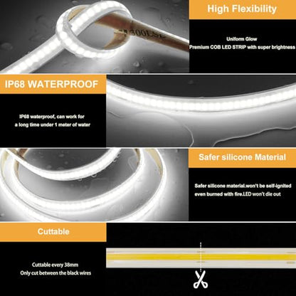 AXMOTUT 32.8ft COB LED Strip Lights Waterproof IP68, 6000K Daylight White Outdoor 24V Dimmable Silicone LED Tape Lighting High Density, 6000LM+, 3200LEDs Clips and Screws(Power Supply Not Included) - size: 6000K/32.8ft-IP68