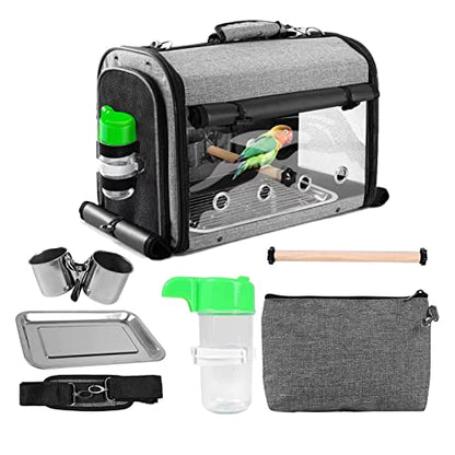 Bird Carrier Bag with Stand, Lightweight Backpack for Parrot, Portable Cockatiel Travel Cage with Accessories, Pet Transparent Breathable Carrier - size: 17.6"L x 10.6"W x 13.3"H