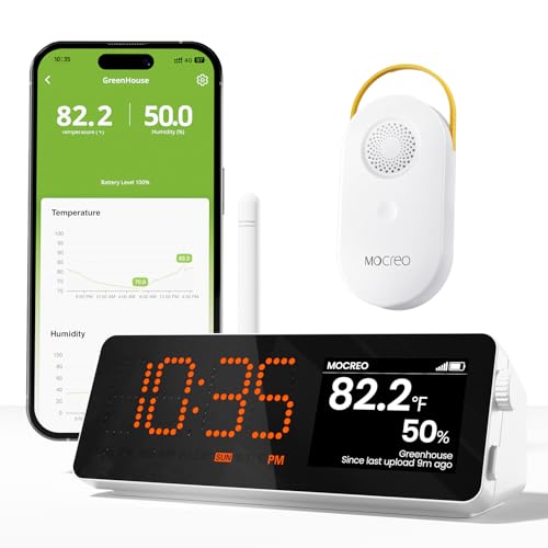 MOCREO WiFi Indoor Wireless Thermometer Hygrometer, 2000ft Long Range Temperature Humidity Sensor Monitor with Large LCD Display & Remot App Alert, 2-Year Free Data Export, for Patio, Garage, Basement - size: 1 Long Range LCD Hub + 1 Sensors