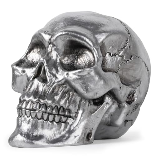 Resin Skull Statue, Human Head Model for Home Decoration, Halloween Statue, Skull Model for Bookshelf Desktop Home Decor (Silver) - color: Silver