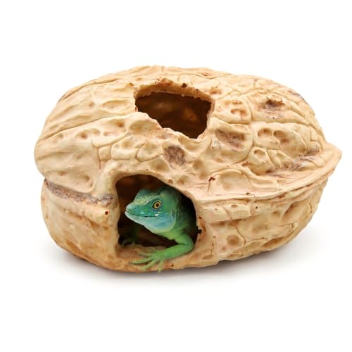 Reptile & Amphibian Habitat Hideouts, Resin Walnut - 7.09 × 4.92 × 3.94 inch Realistic Large Walnut Shape Habitat Decor, 2-Entrance Safe Hide for Leopard Gecko Bearded Dragon Snake