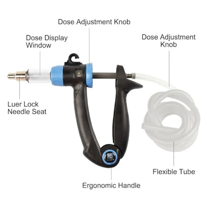 2-in-1 Veterinary Syringe & Oral Drencher Set, 0.5-10ml Adjustable Continuous Injector with Long Suction Needle & Metal Feeding Nozzle for Cattle Sheep Pig Goat Livestock Medication
