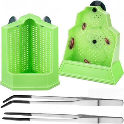 Reptile Feeder Combo Set, 2 Pack Escape-Proof Corner & Wall-Mounted Bowls with 2 Pack 10.6" Stainless Steel Straight & Curved Tongs with Rubber Tips for Bearded Dragon Gecko Lizard Frog