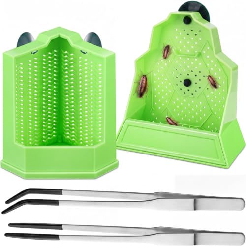 Reptile Feeder Combo Set, 2 Pack Escape-Proof Corner & Wall-Mounted Bowls with 2 Pack 10.6" Stainless Steel Straight & Curved Tongs with Rubber Tips for Bearded Dragon Gecko Lizard Frog