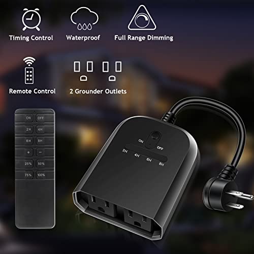 Outdoor Dimmer for String Lights, Remote Control Light Dimmer Plug in, Light Timer Outdoor Waterproof, 100FT Range with 2 Grounded Outlets for Dimmable LED/Tungsten Bulb/Patio Lights - style: Two Outlets