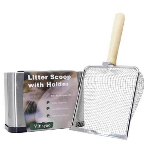 Fine Mesh Cat Litter Scoop with Holder, Stainless Steel Mesh Scooper, Stainless Steel Cat Litter Scooper Caddy Trash Container, Wide Rabbit Poop Lifter with Beech Handle | Fine Mesh Cat Litter Scoop with Holder, Stainless Steel Mesh Scooper, Wide Rabbit P