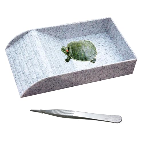 kathson Reptile Tortoise Turtle Feeding Dish with Ramp and Basking Platform Plastic Turtle Food and Water Bowl Also Fit for Bath Horned Frogs Lizards Amphibians(White, Emulational Granite) - color: Style 1-White, size: L:14" L x 7.87" W x 2.36" H