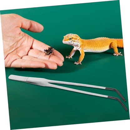 TEHAUX 2pcs Stainless Steel Long Feeding Tongs with Rubber Tips for Reptiles Curved Tweezers for Snake and Gecko Portable Aquarium Terrarium Supplies Easy to Use and Durable