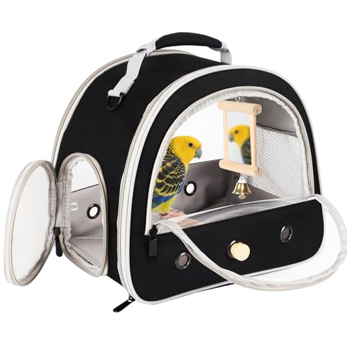 Parrot Travel Cage Carrier with Bird Cage Bells Mirror Set,Portable Small Bird Parakeet Bag with Standing Perch and Comfy Mat Bird Carry Transport Bag with Clear Window Outdoor Adventure - color: Black, size: Carrier/mirror
