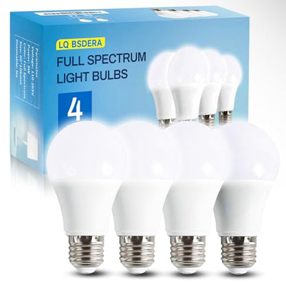 4PK Full Spectrum Light Bulbs, 9W, 6000K Natural Light That Mimic Sunlight, Boosts Mood, Energy, Focus, A19, Sunlike Happy Light Bulbs with E26/27 Base for Most Lamps - size: 4PK
