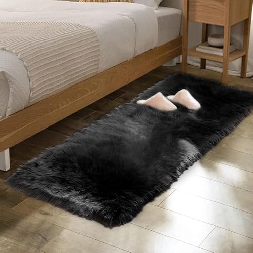 ORINOVA Black Washable Fluffy Area Rugs for Bedroom Shaggy Faux Sheepskin Fuzzy Fur Carpet for Living Room Hallway Nursery Rugs Runner 2x6 - color: Black, size: 2' x 6' (Runner)