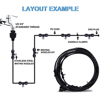 Fogalnd Patio Misting System : Outdoor Misting System 49ft Misting Cooling System with 16pcs 0.024" Orifice Thread Stainless Steel Misting Nozzle for Garden Greenhouse Gazebo - size: 0.024" Orifice/49FT