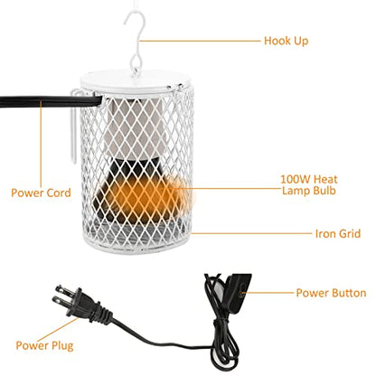 Ceramic Heat Lamp Bulb with Lampshade, 100W Infrared Emitter Heater Lamp Bulbs for Pet Brooder Coop Chicken Lizard Snake Aquarium, with Power Switch&Anti-Biting Hanging Hook