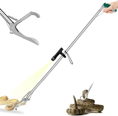 IC ICLOVER Snake Tongs, Upgrade 60 Inch Extra Long Snake Grabber, with Hands-Free Flashlight for Night Using, Heavy Duty Reptile Snake Catcher Wide Jaw Handling Tool with Lock, Non-Slip Grip Handle
