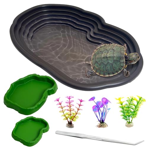 Reptile Bathing Pool 7 Pcs Tortoise Water Dish with Ramp Extra Large Turtle Feeding Bowl with Steps Reptile Food & Water Dishes 2-in-1 Gecko Habitat Decoration Accessories Lizard Bath Tub