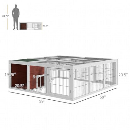 PawHut 59" Outdoor Rabbit Hutch Playpen, Wooden Tortoise House Habitat, Bunny Cage with Run and Enclosed Cover, for Rabbits, Chickens, Ducks, Indoor, Dark Brown