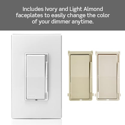 Leviton Decora Slide Dimmer Switch for Dimmable LED, Halogen and Incandescent Bulbs, DSL06-1LZ, White with Ivory and Light Almond Faceplates - size: 1 Pack