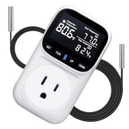 1800W Digital Thermostat for Reptile Tank, -40℉~210℉, Plug in Thermostat for Heater/Greenhouse with 5m/2m Cable, 15A Temperature Controlled Outlet with VA Display, Temp ±0.1°F, White - style: Plug in-White