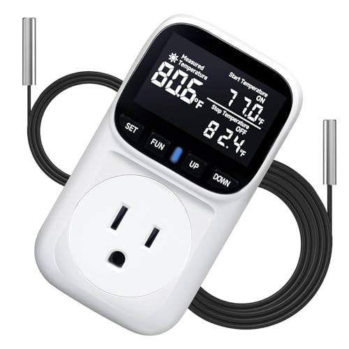 1800W Digital Thermostat for Reptile Tank, -40℉~210℉, Plug in Thermostat for Heater/Greenhouse with 5m/2m Cable, 15A Temperature Controlled Outlet with VA Display, Temp ±0.1°F, White - style: Plug in-White