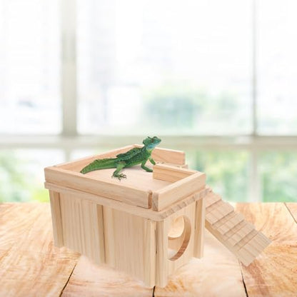 Cabilock Wooden Reptile Hide Cave with Climbing Ramp and Basking Platform Large Bearded Dragon Habitat Shelter for Leopard Gecko Tank Accessories