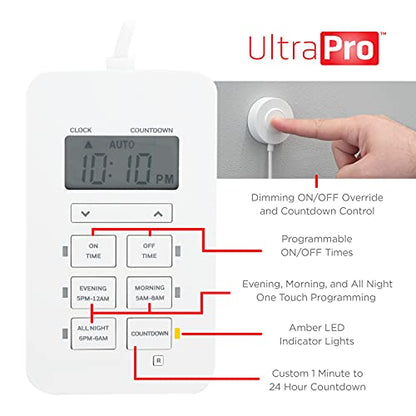 UltraPro Dimmable Digital Outlet Timer with dual polarized sockets, 5ft tether, indoor use, programmable scheduling, countdown function, lamp control, plug-in design, white, single pack, model 50016 - size: 1 Pack