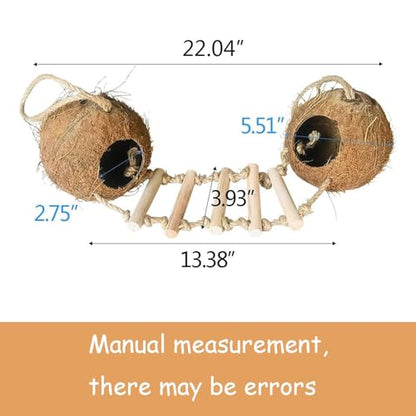 Bird Coconut Hides Nest with Ladder Parrot Cage Hanging Natural Coco Shell Hut Hide Toy with Wooden Bridge Hollow Hideaway Toys for Parakeet Lovebird Finch Canary 2PCS - size: 2PCS 22.04*13.38in